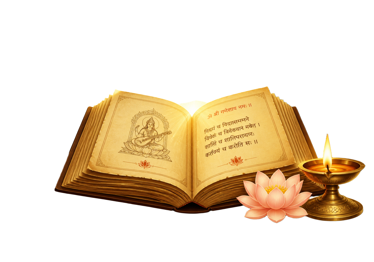 Open illuminated manuscript beside a lit brass diya, symbolising knowledge and learning